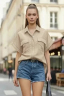 Stitch Detail Front Zip Up Blouse