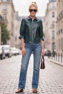 CELINE FAUX LEATHER 3/4 SLEEVE ZIP UP JACKET