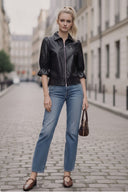CELINE FAUX LEATHER 3/4 SLEEVE ZIP UP JACKET