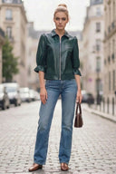 CELINE FAUX LEATHER 3/4 SLEEVE ZIP UP JACKET