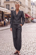 MIA FAUX LEATHER COLLAR DENIM BLAZER JACKET