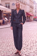 MIA FAUX LEATHER COLLAR DENIM BLAZER JACKET