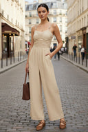 CORD DETAIL FRONT SHIRRED JUMPSUIT