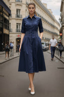 Contrast Stitch Pleated Midi Shirt Dress