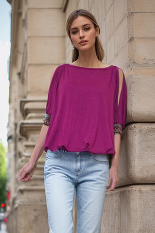 Pre-order: Dawn Open Shoulder Top (WINE)-JT8177B