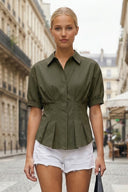 DART DETAIL SHORT STEEVE BUTTON DOWN BLOUSE