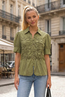 RUCHED FRONT  BUTTON UP BLOUSE