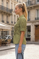RUCHED FRONT  BUTTON UP BLOUSE