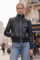 JULIETTE YOKE SMOCKED FAUX LEATHER JACKET