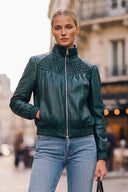 JULIETTE YOKE SMOCKED FAUX LEATHER JACKET