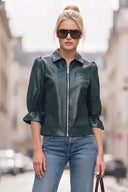 CELINE FAUX LEATHER 3/4 SLEEVE ZIP UP JACKET