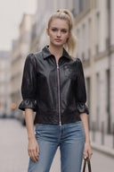 CELINE FAUX LEATHER 3/4 SLEEVE ZIP UP JACKET