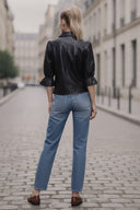 CELINE FAUX LEATHER 3/4 SLEEVE ZIP UP JACKET
