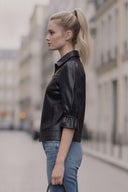 CELINE FAUX LEATHER 3/4 SLEEVE ZIP UP JACKET