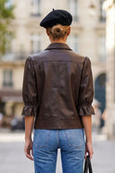 CELINE FAUX LEATHER 3/4 SLEEVE ZIP UP JACKET