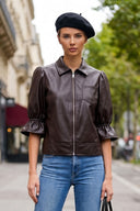 CELINE FAUX LEATHER 3/4 SLEEVE ZIP UP JACKET