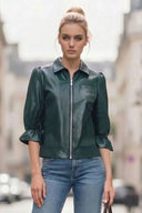 CELINE FAUX LEATHER 3/4 SLEEVE ZIP UP JACKET