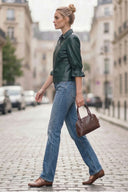CELINE FAUX LEATHER 3/4 SLEEVE ZIP UP JACKET