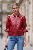 CELINE FAUX LEATHER 3/4 SLEEVE ZIP UP JACKET
