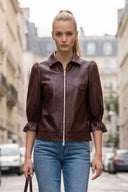 CELINE FAUX LEATHER 3/4 SLEEVE ZIP UP JACKET