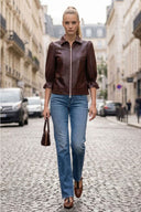 CELINE FAUX LEATHER 3/4 SLEEVE ZIP UP JACKET