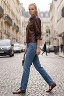 CELINE FAUX LEATHER 3/4 SLEEVE ZIP UP JACKET
