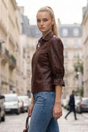 CELINE FAUX LEATHER 3/4 SLEEVE ZIP UP JACKET