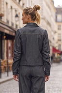MIA FAUX LEATHER COLLAR DENIM BLAZER JACKET