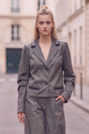 MIA FAUX LEATHER COLLAR DENIM BLAZER JACKET