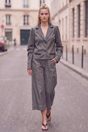 MIA FAUX LEATHER COLLAR DENIM BLAZER JACKET