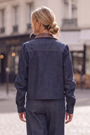 MIA FAUX LEATHER COLLAR DENIM BLAZER JACKET