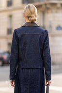 MIA FAUX LEATHER COLLAR DENIM BLAZER JACKET