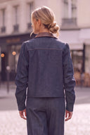 MIA FAUX LEATHER COLLAR DENIM BLAZER JACKET