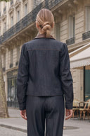 MIA FAUX LEATHER COLLAR DENIM BLAZER JACKET