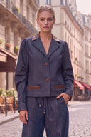 MIA FAUX LEATHER COLLAR DENIM BLAZER JACKET