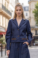 MIA FAUX LEATHER COLLAR DENIM BLAZER JACKET