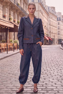 MIA FAUX LEATHER COLLAR DENIM BLAZER JACKET
