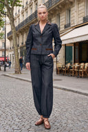 MIA FAUX LEATHER COLLAR DENIM BLAZER JACKET