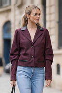 MIA FAUX LEATHER COLLAR DENIM BLAZER JACKET
