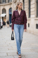 MIA FAUX LEATHER COLLAR DENIM BLAZER JACKET