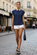 Short Sleeve Blouse with Detachable Collar