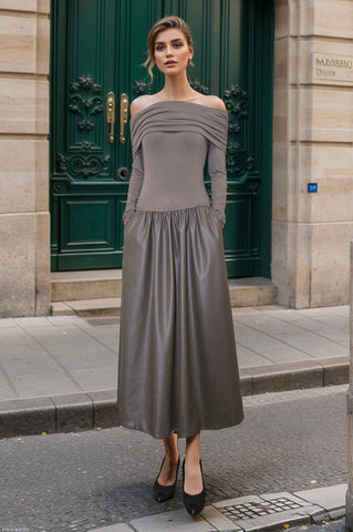 BETTY OFF SHOULDER MIDI DRESS (MOCHA VEGAN LEATHER)- VD3374