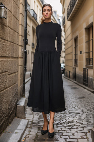 BETTY ROUND NECK LONG SLEEVE MIDI DRESS (BLACK / BLK LINEN) - VD3377