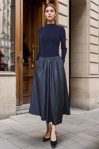 BETTY ROUND NECK LONG SLEEVE MIDI DRESS (NAVY / DENIM) - VD3377