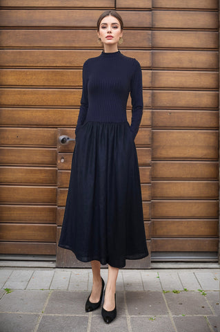 BETTY ROUND NECK LONG SLEEVE MIDI DRESS (NAVY / NAVY LINEN) - VD3377