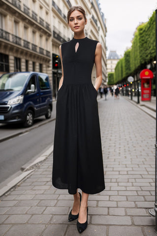 BRITTNEY KEYHOLE SLEEVELESS MIDI DRESS (BLK / BLK LINEN)- VD3433
