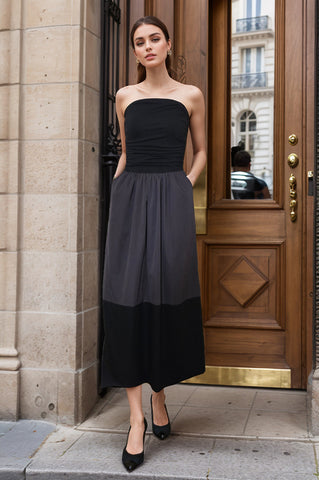 BRITTNEY COLOR BLOCK TUBE MID DRESS(BLK/CHARCOAL/BLK)-VD3434