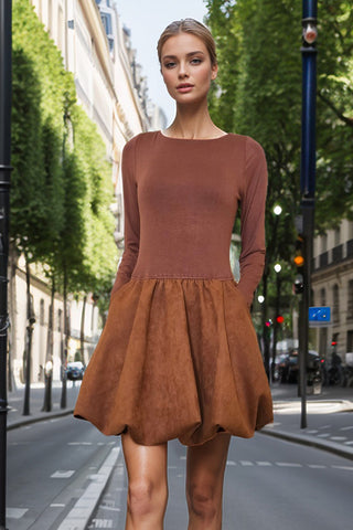 HARPER LONG SLV BUBBLE DRESS (HAZEL NUT SUEDE) - VD3445