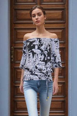 Pre-order: JENNY HALF SLEEVE DRAW STRING TOP (BLACK WHITE FLORAL)- VT3418
