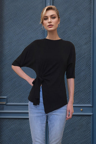 BRITTNEY SIDE TIED  HALF SLEEVE TOP (BLACK) - VT3436